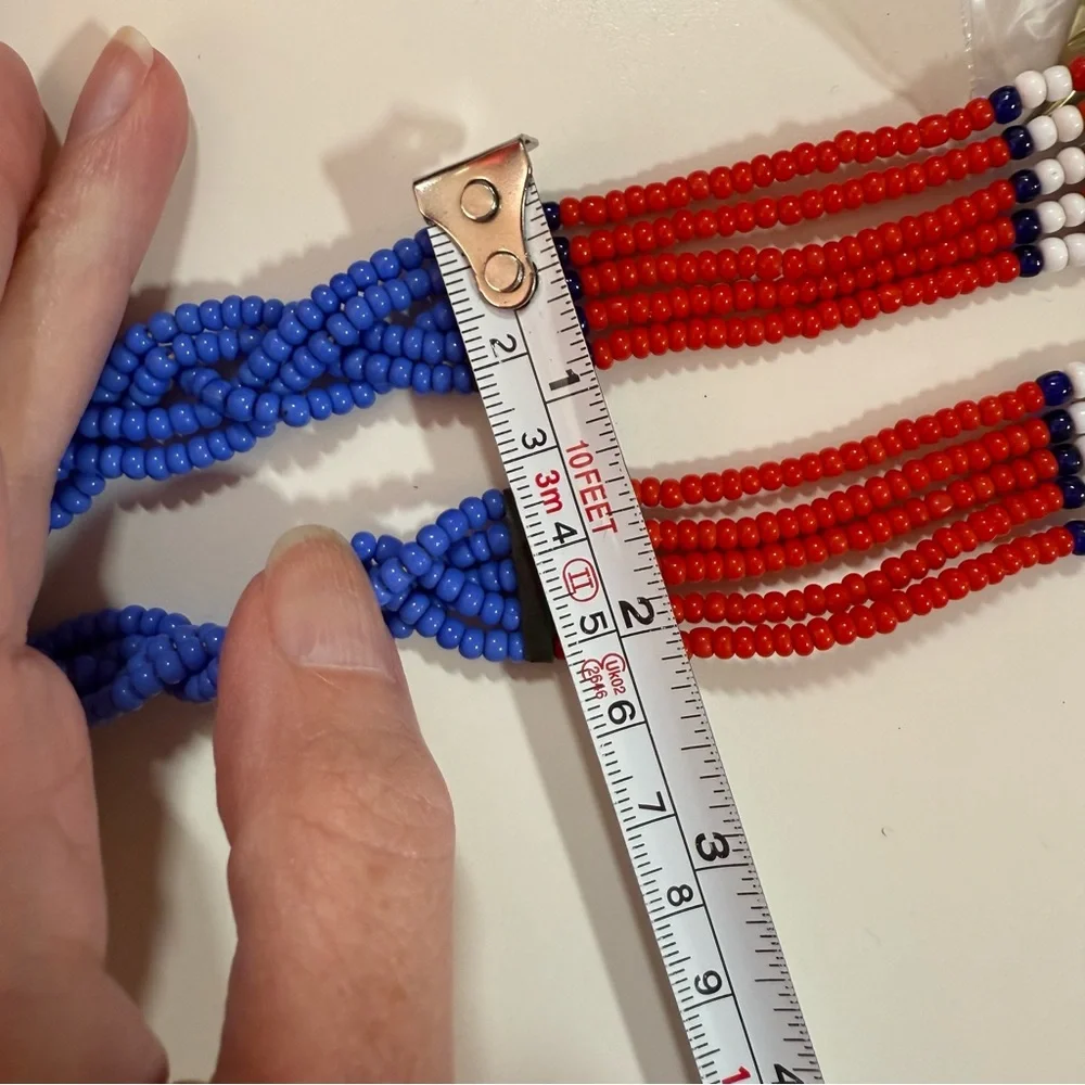 Vintage southwestern red blue Beaded Belt necklace shell tassels adjustable